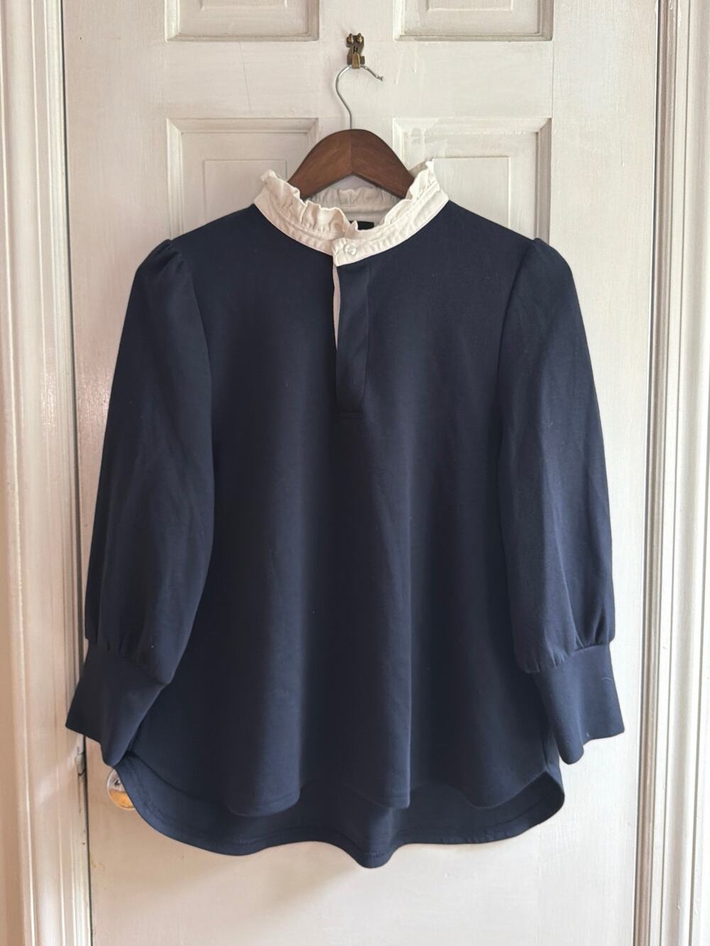 Pomander Place Navy Ruffle Collar Pullover Top Knit Sweatshirt Blouse Women S